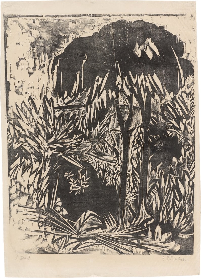 Ernst Ludwig Kirchner. ”Bäume und Büsche am Strand, Fehmarn”. 1913: Ernst Ludwig Kirchner (Aschaffenburg 1880 – 1938 Davos). ”Bäume und Büsche am Strand, Fehmarn”. 1913 Woodcut on laid paper. 50 × 40 cm (58,2 ×