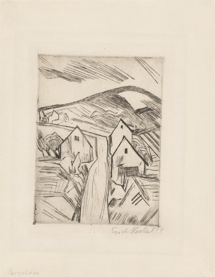Erich Heckel. ”Straße am Niederrhein (Bergstrasse)”. 1914: Erich Heckel (Döbeln 1883 – 1970 Radolfzell on Lake Constance). ”Straße am Niederrhein (Bergstrasse)”. 1914 Etching and drypoint on wove paper.