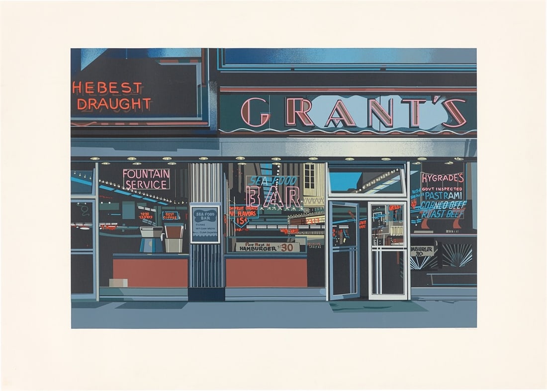 Richard Estes. ”Grant's”. 1972: Richard Estes (Krewanee, Illinois 1932 – lives in New York and Maine). ”Grant's”. 1972 Colour silkscreen on wove paper. 35,8 × 51,7 cm