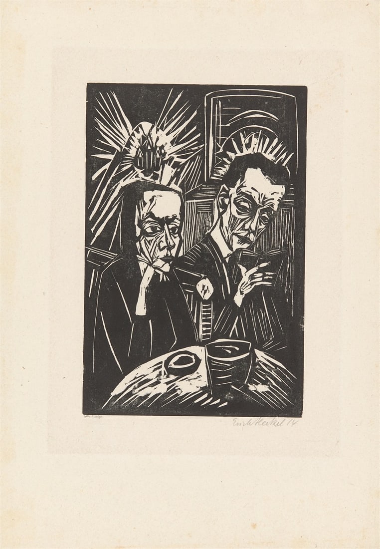 Erich Heckel. ”Beim Vorlesen”. 1914: Erich Heckel (Döbeln 1883 – 1970 Radolfzell on Lake Constance). ”Beim Vorlesen”. 1914 Woodcut on laid paper. 30 × 20 cm (50 × 35,3 cm)