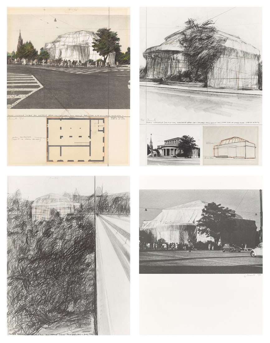 Christo and Jeanne-Claude. ”Packed Kunsthalle Bern, Project”. 1972: Christo and Jeanne-Claude (Gabrovo 1935 – 2020 New York / Casablanca 1935 - 2009 New York). ”Packed Kunsthalle Bern, Project”. 1972 1 Colour offset serigraph with material collage