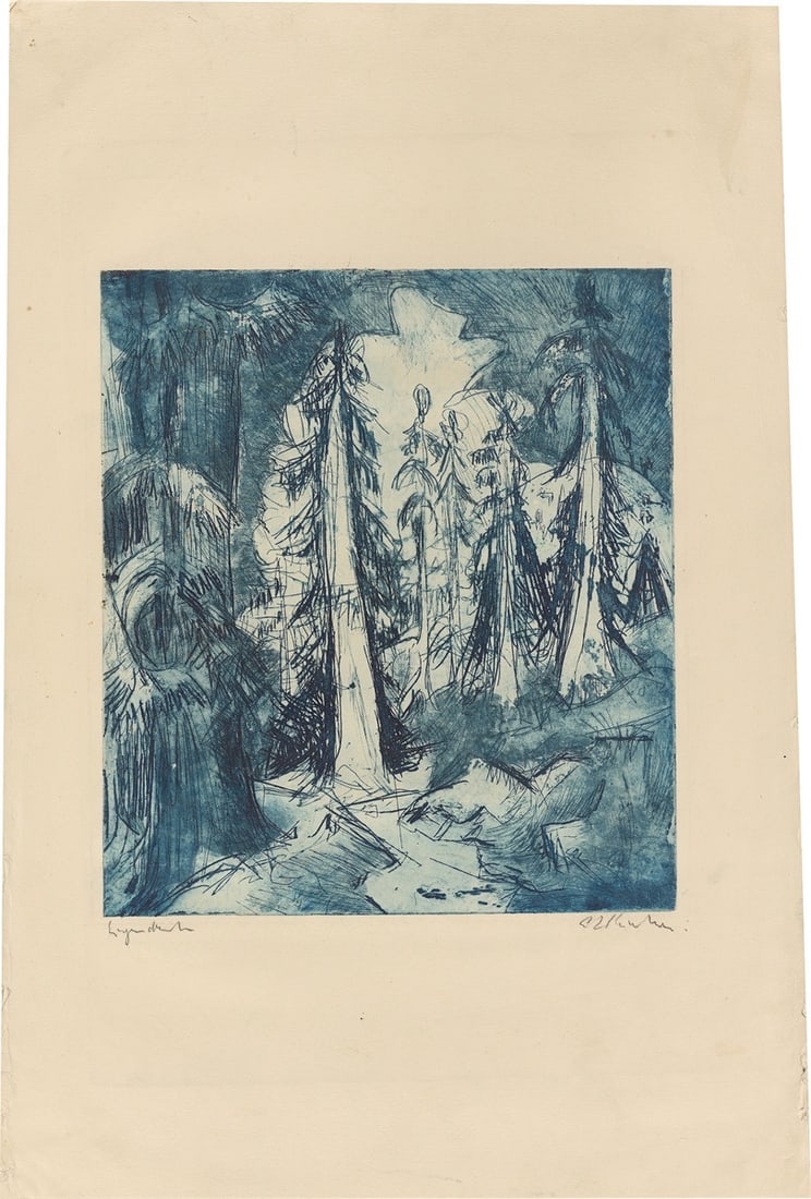 Ernst Ludwig Kirchner. ”Alpenweg mit Wettertannen”. 1919: Ernst Ludwig Kirchner (Aschaffenburg 1880 – 1938 Davos). ”Alpenweg mit Wettertannen”. 1919 Etching in blue on cream wove paper. 28,2 × 25 cm