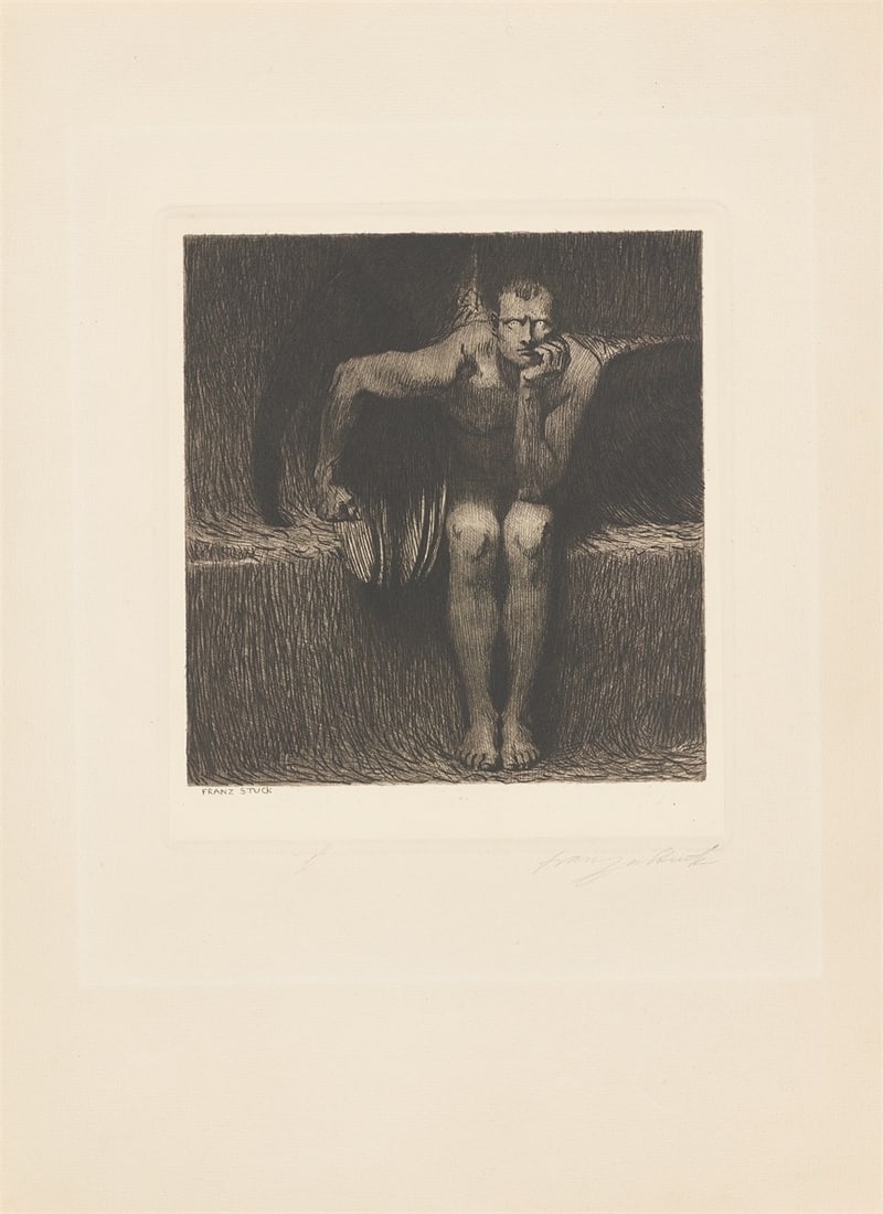 Franz von Stuck. ”Luzifer”. Circa 1890: Franz von Stuck (Tettenweis 1863 – 1928 Munich). ”Luzifer”. Circa 1890 Etching on laid paper. 20,3 × 19,2 cm (45 × 33 cm)