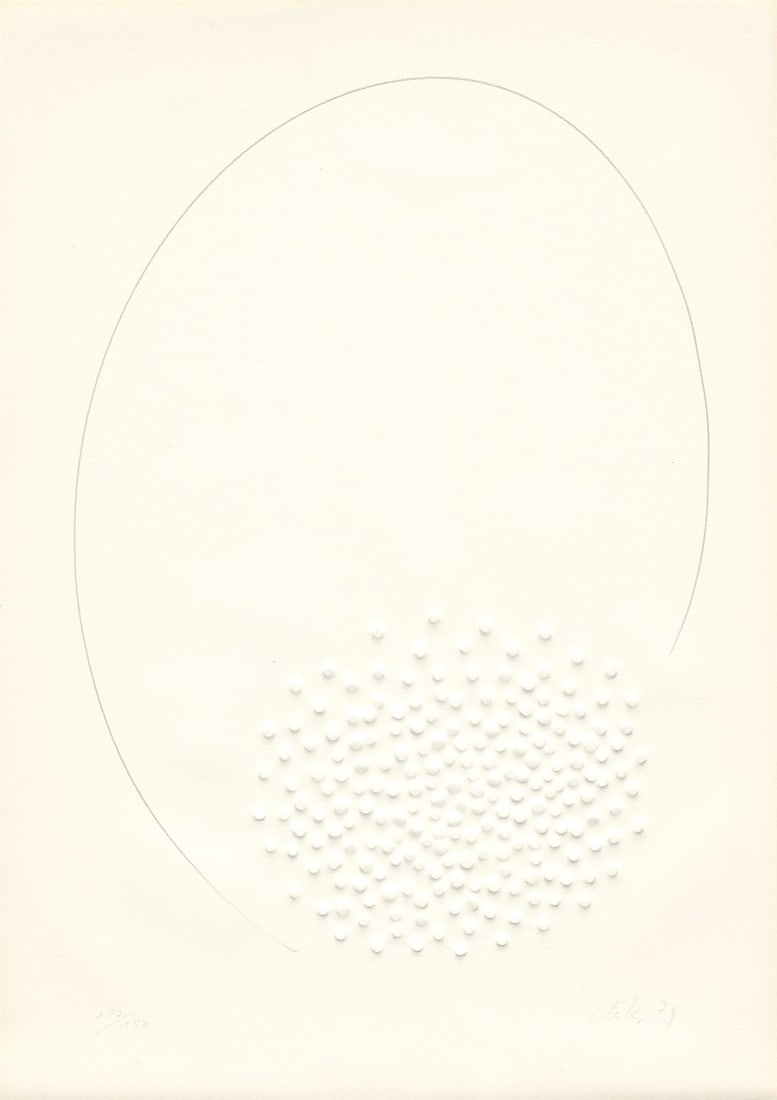 Günther Uecker. ”Hommage à Fontana”. 1974: Günther Uecker (Wendorf/Mecklenburg 1930 – 2025 Düsseldorf). ”Hommage à Fontana”. 1974 Embossing and pencil on heavy wove paper. 52,5 × 42 cm