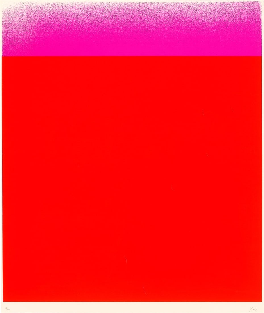 Rupprecht Geiger. ”leuchtrotwarm-dunkel bis hell (Verlauf)”. 1967: Rupprecht Geiger (1908 – Munich – 2009). ”leuchtrotwarm-dunkel bis hell (Verlauf)”. 1967 Colour silkscreen on cardboard. 69,5 × 60 cm (72,5 × 