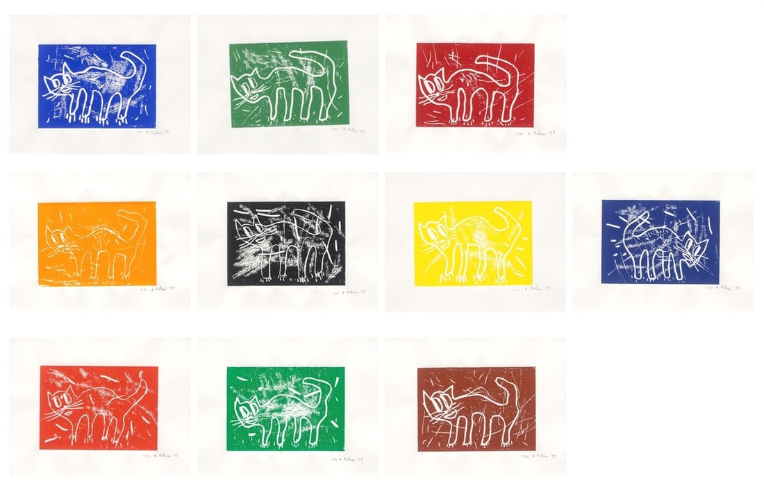 André Butzer. Untitled (cats). 2009: André Butzer (Stuttgart 1973 – lives in Berlin). Untitled (cats). 2009 10 sheets: each colour linocut on heavy paper. Each: 30 × 42 cm (50 × 65 cm)