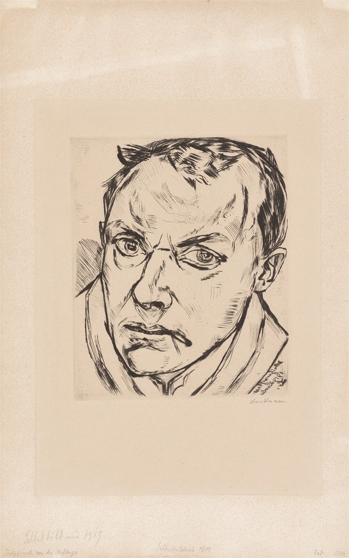 Max Beckmann. ”Großes Selbstbildnis”. 1919: Max Beckmann (Leipzig 1884 – 1950 New York). ”Großes Selbstbildnis”. 1919 Drypoint on buff-coloured wove paper. 23,7 × 19,7 cm