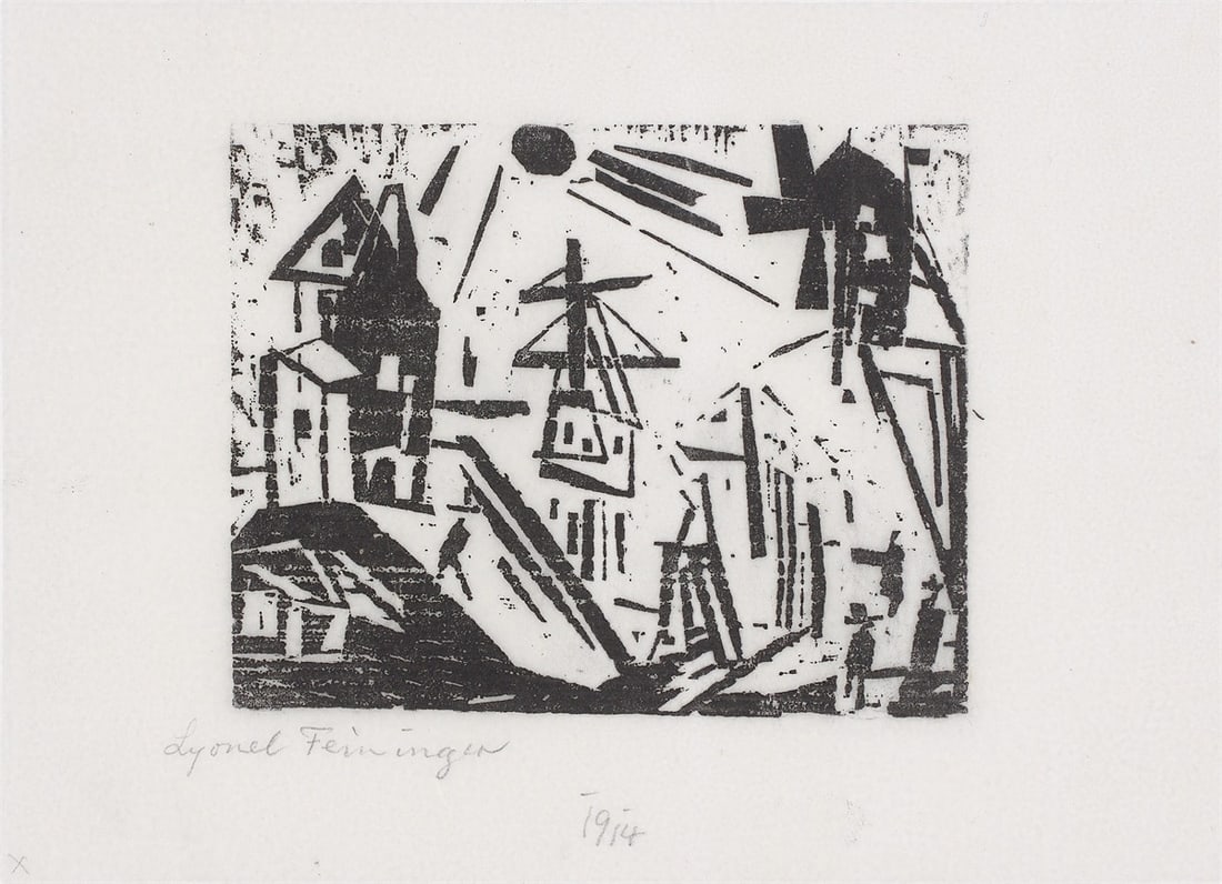 Lyonel Feininger. ”Hafen mit Leuchtturm, Sonne und Mühle”. 1919: Lyonel Feininger (1871 – New York – 1956). ”Hafen mit Leuchtturm, Sonne und Mühle”. 1919 Woodcut on thin Japan. 7,9 × 9,9 cm