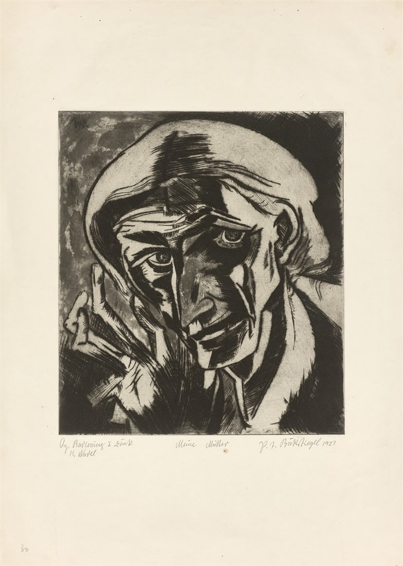 Peter August Böckstiegel. ”Meine Mutter”. 1921: Peter August Böckstiegel (1889 – Arrode/Westphalia – 1951). ”Meine Mutter”. 1921 Drypoint and aquatint on light cardboard. 39,7 × 34,7