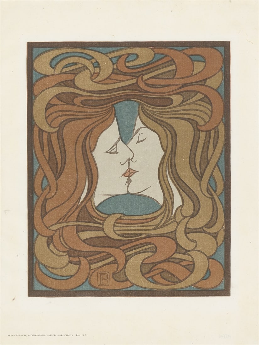 Peter Behrens. ”o.T. (Der Kuss)”. 1898: Peter Behrens (Hamburg 1868 – 1940 Berlin). ”o.T. (Der Kuss)”. 1898 Colour woodcut on Japan laid paper. 27,2 × 21,6 cm (36,8 × 27,7 cm)