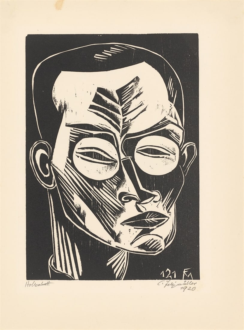 Conrad Felixmüller. ”Selbstbildnis”. 1919/20: Conrad Felixmüller (Dresden 1897 – 1977 Berlin). ”Selbstbildnis”. 1919/20 Woodcut on paper. 24 × 17 cm (32,3 × 23,9 cm)