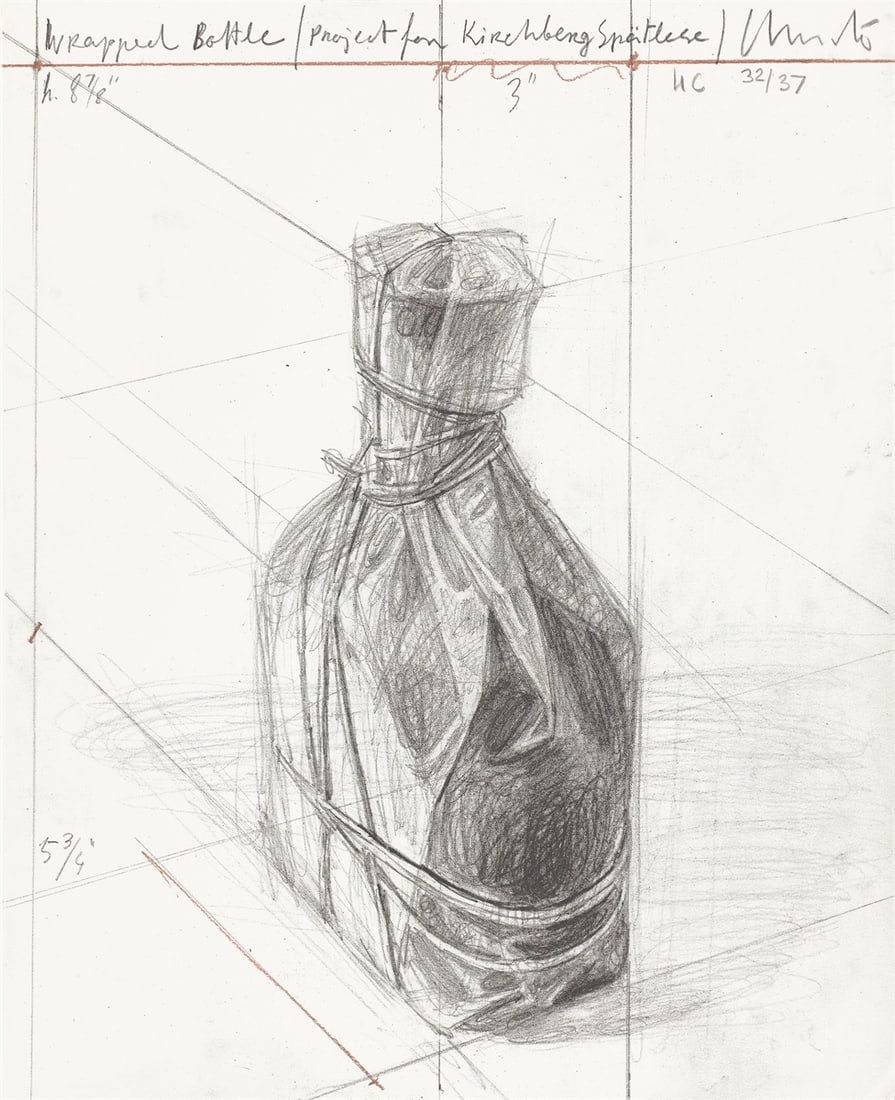 Christo and Jeanne-Claude. ”Wrapped Bottle”. 2002: Christo and Jeanne-Claude (Gabrovo 1935 – 2020 New York / Casablanca 1935 - 2009 New York). ”Wrapped Bottle”. 2002 Ditone print on heavy paper. 32 × 26 cm