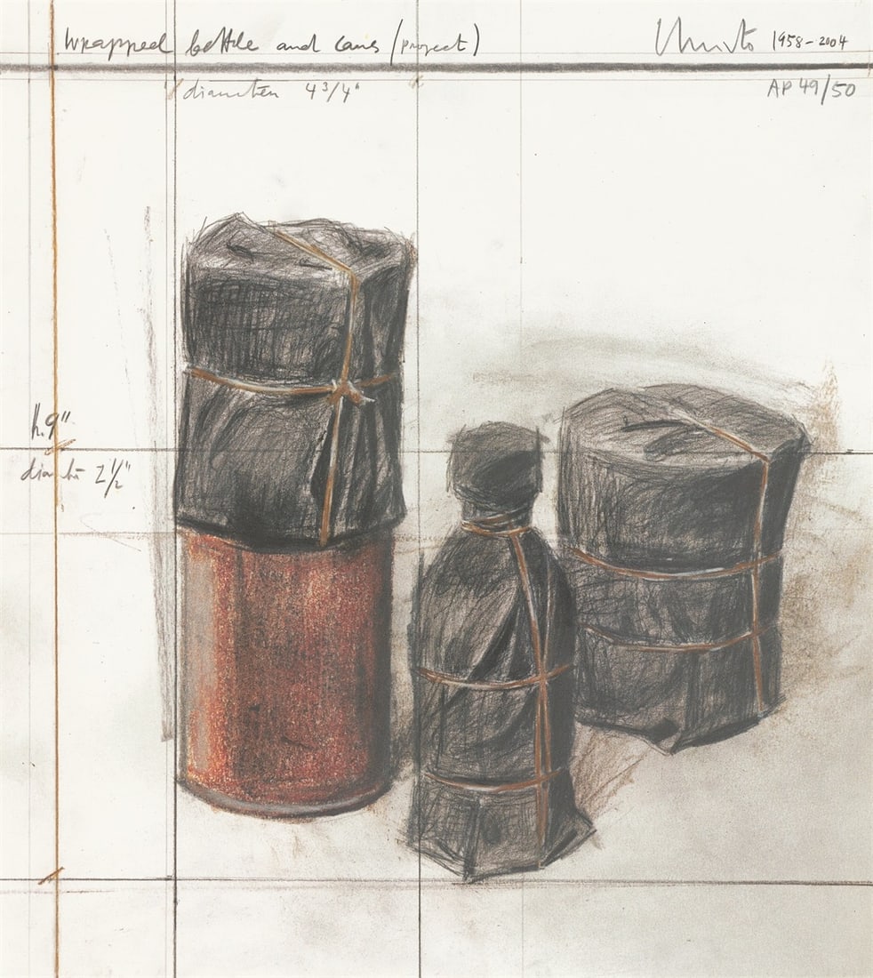 Christo and Jeanne-Claude. ”Wrapped Bottle and Cans Project”. 2004: Christo and Jeanne-Claude (Gabrovo 1935 – 2020 New York / Casablanca 1935 - 2009 New York). ”Wrapped Bottle and Cans Project”. 2004 Colour offset lithograph on BFK Rives wove paper.