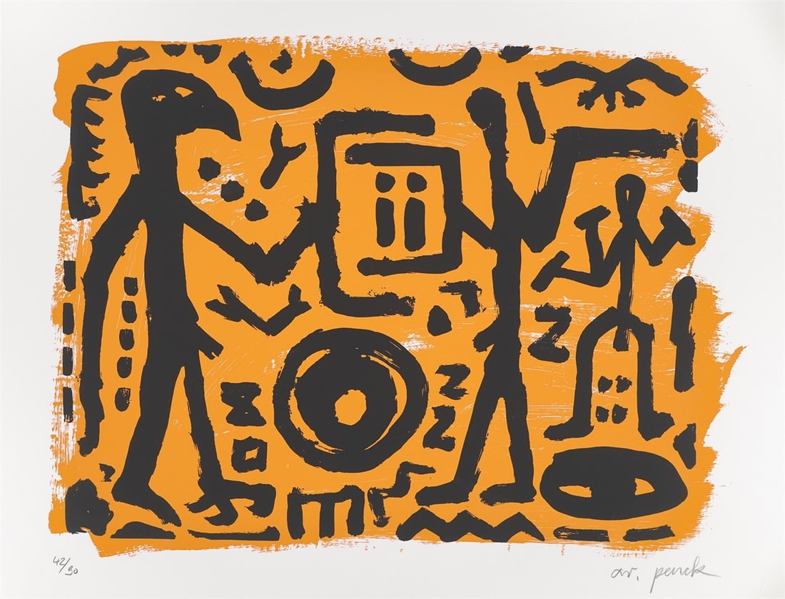 A.R. Penck. ”Falkenkopf, Jäger und Adler”. 1994: A.R. Penck (Dresden 1939 – 2017 Zurich). ”Falkenkopf, Jäger und Adler”. 1994 Colour silkscreen on laid paper. 52,4 × 71 cm (61 × 79,9 cm)
