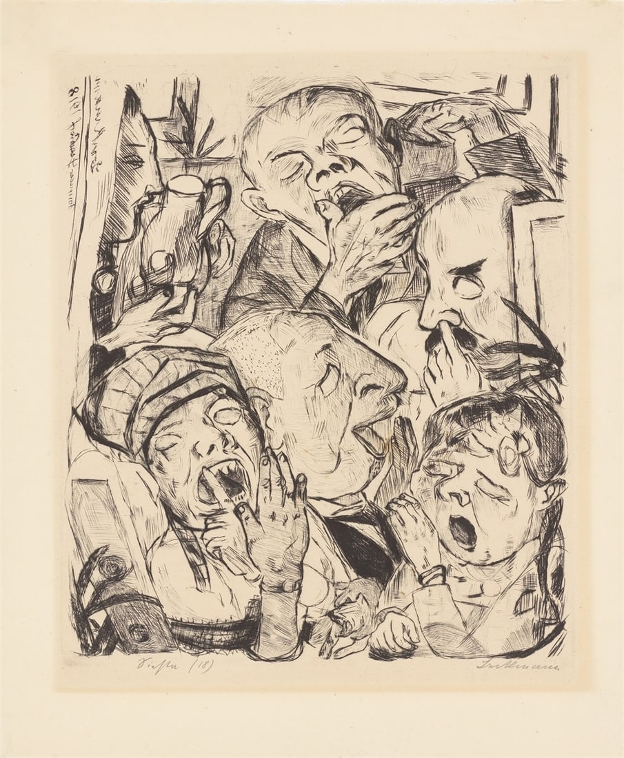 Max Beckmann. ”Die Gähnenden”. 1918: Max Beckmann (Leipzig 1884 – 1950 New York). ”Die Gähnenden”. 1918 Drypoint on yellowish firm Japan. 30 × 25,4 cm (38,2 × 31,9 cm)