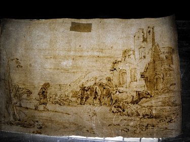 DUTCH SCHOOL 18th. Century: DUTCH SCHOOL 18th. Century”Landscape with Ruins”, ink and watercolor on paper. Mis: 210x155 mm (8.3”x5.9”)