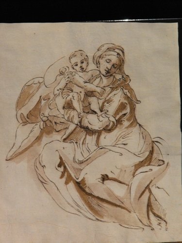 EMILIAN SCHOOL OF 18th. century: Emilian school of 18th. century "Madonna with Child",brown ink and watercolor on paper. mis:238x190 mm. (9.36"x7.48")