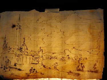 FLEMISH SCHOOL OF 16th. century.: Flemish school of 16th. century, "Landscape with church", ink on cream laid paper. mis:197x137 mm. (7.74"x5.39")