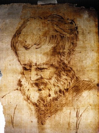 BERNARDINO CAMPI (Cirle of): Bernardino Campi (Cremona 1522-1591) (circle of)"Face of Saint?" watercolor and brown ink on cream laid paper.mis: 201x139 mm. (8.26"x5.47") ex Settimelli collection.