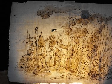 ITALIAN SCHOOL OF 17th. century: Italian school of 17th. century, "Witches at the stake", brown ink and watercolor on cream laid paper.Mis:279x200 mm. (10.98"x7.87").Ex Settimelli collection.