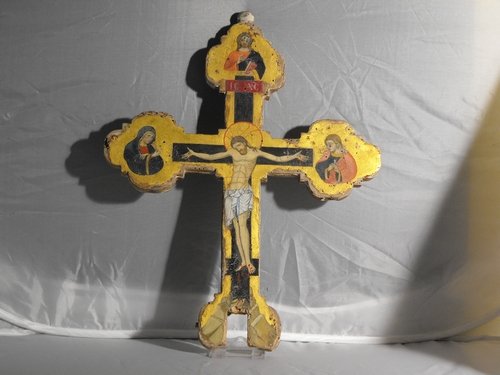 07: AFTER CENNI DI PEPI,WOODEN PROCESSIONAL CROSS: After Cenni di Pepi (Firenze, 1240 circa – Pisa, 1302), wooden processional cross,tempera on wood on gold background. Size:h.41x31 cm.(16.15"x12.21") published in book: La Collegiata di Santa Maria 