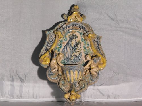 ANTIQUE CAMPANIAN HOLY WATER FONT 18th. C.: Antique Campanian holy water font, 18th.century. Size: h.35x21 cm.(13.79"x8.27".