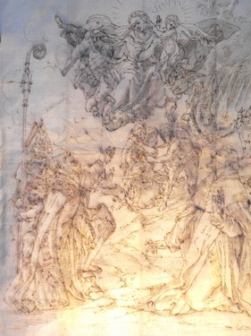 CIRCLE OF BARTOLOMEO PASSEROTTI,: Circle of Bartolomeo Passerotti (1529-1522),Madonna with Child and Saints.Ink on cream laid paper. Size: 220x324 mm. (8.66"x12.75")