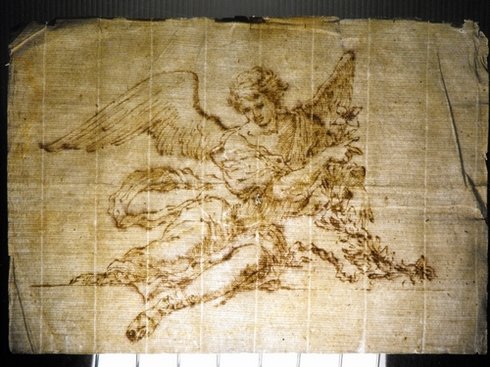 FRENCH SCHOOL OF 17th. C.: French school of 17th. century, "Angel with flowers" brown ink on cream laid paper. Size: 258x183 mm.(10.15"x7.20")
