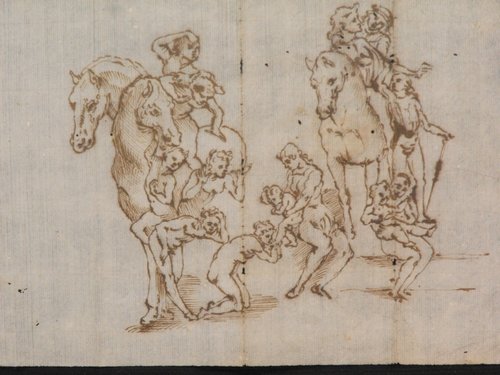 TUSCAN SCHOOL OF 16th. C.: Tuscan school of 16th. century, "People with horses" ink on paper. Size: 272x190 mm. (10.70"x7.48")