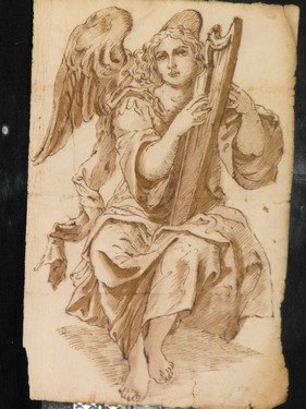 ITALIAN SCHOOL OF 18th. C.: Italian school of 18th. century, "Angel playng the harp" pen ink and watercolor on paper. Size: 191x294 mm. (7.51"x11.57")