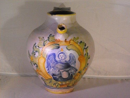 MAJOLICA SYRUO JAR, 19Th. C.: Italian majolica syrup jar, 19Th. century. Size: 24x19 cm. (9.46"x7.49")
