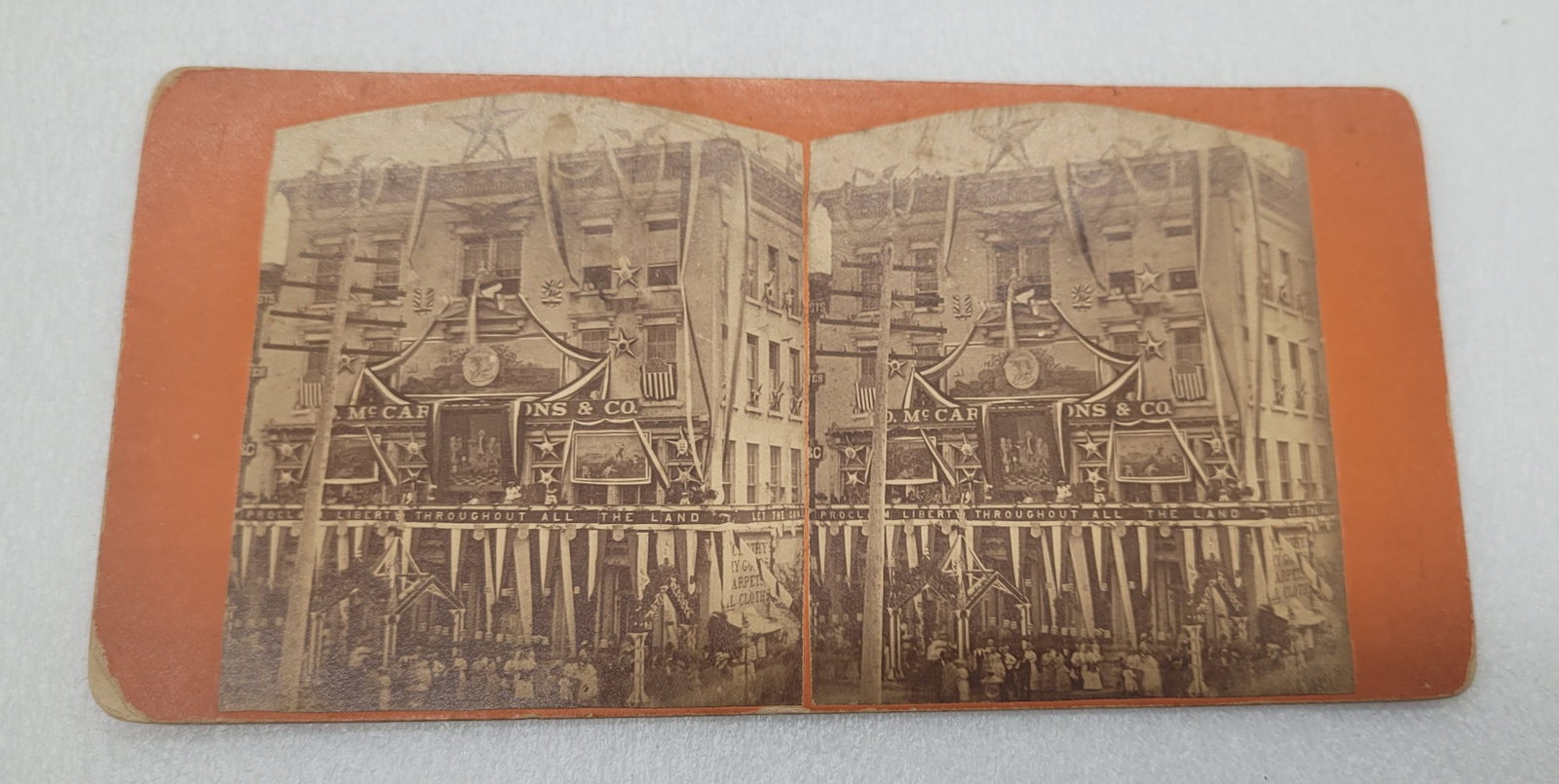 Stereoview Card of Department Store Building Decked Out For 1876 Centennial: Stereoview Card of Department Store Building Decked Out For 1876 Centennial - 3.5" by 7".