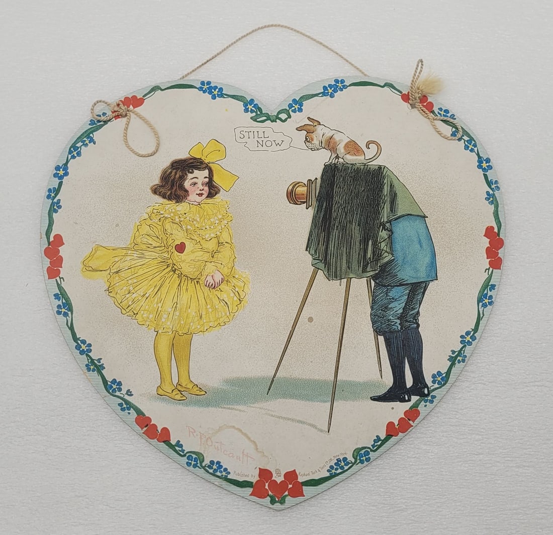 Tuck & Sons Antique Valentine w Dog Sitting on Camera Little Girl In Yellow: Tuck & Sons Antique Valentine w Dog Sitting on Camera Little Girl In Yellow - 8.5" by 7.75"