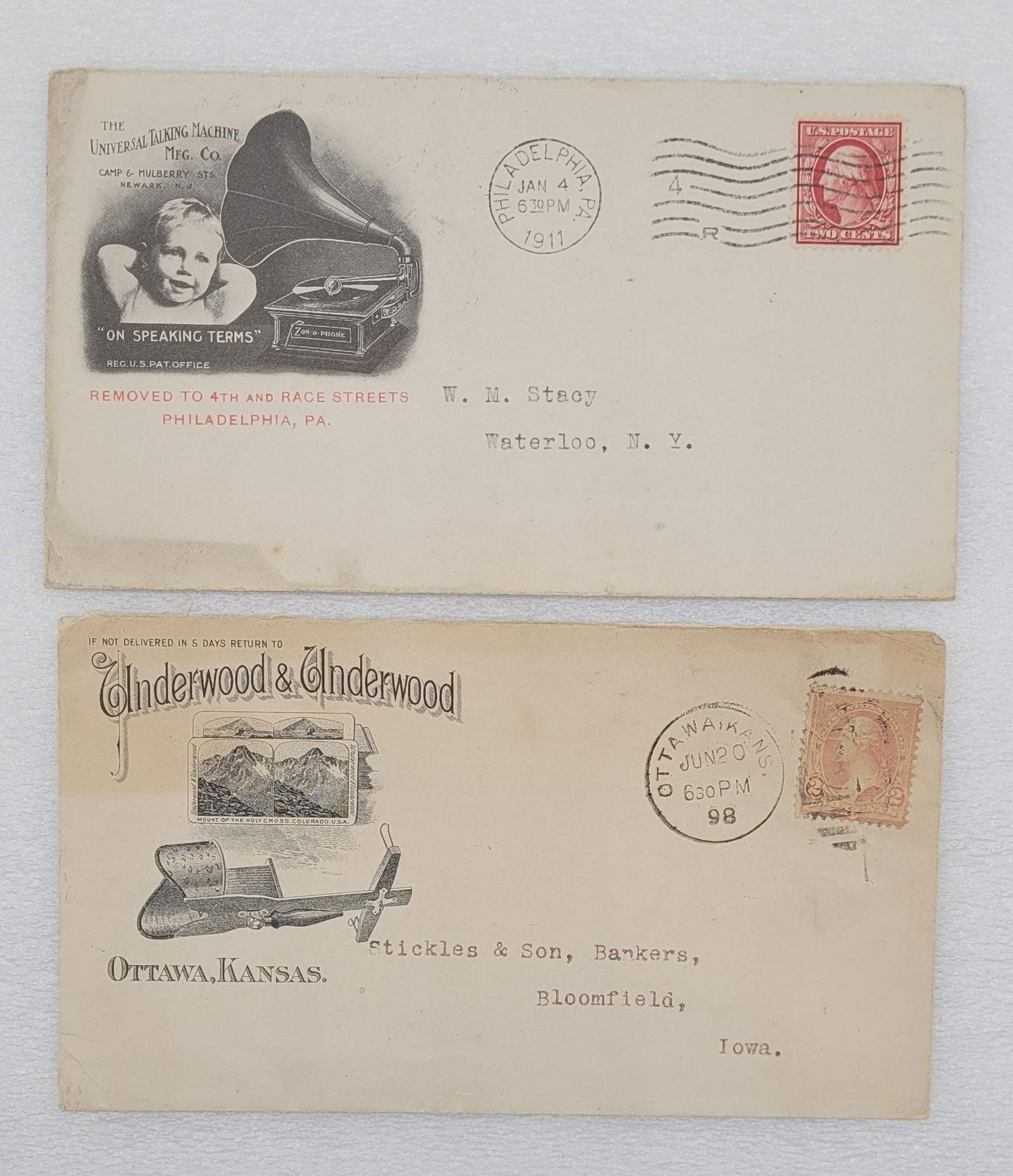 Underwood & Underwood 1898 Universal Talking Machine 1911 Stamped Cancelled Envelopes (1 of 8)