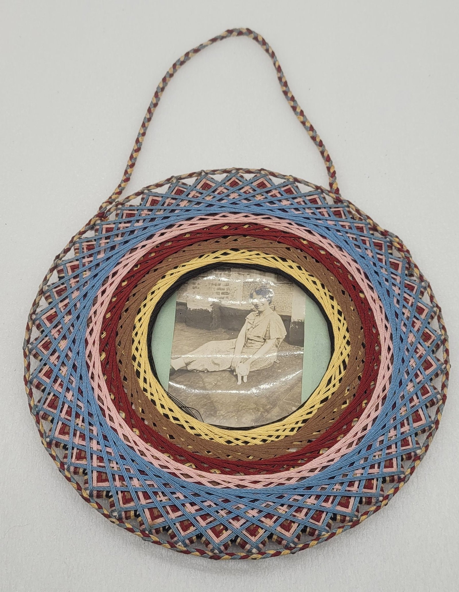 Antique Thread Frames w Original Photographs Woman w Kitten: Antique Thread Frames w Original Photographs Woman w Kitten - 7.5"