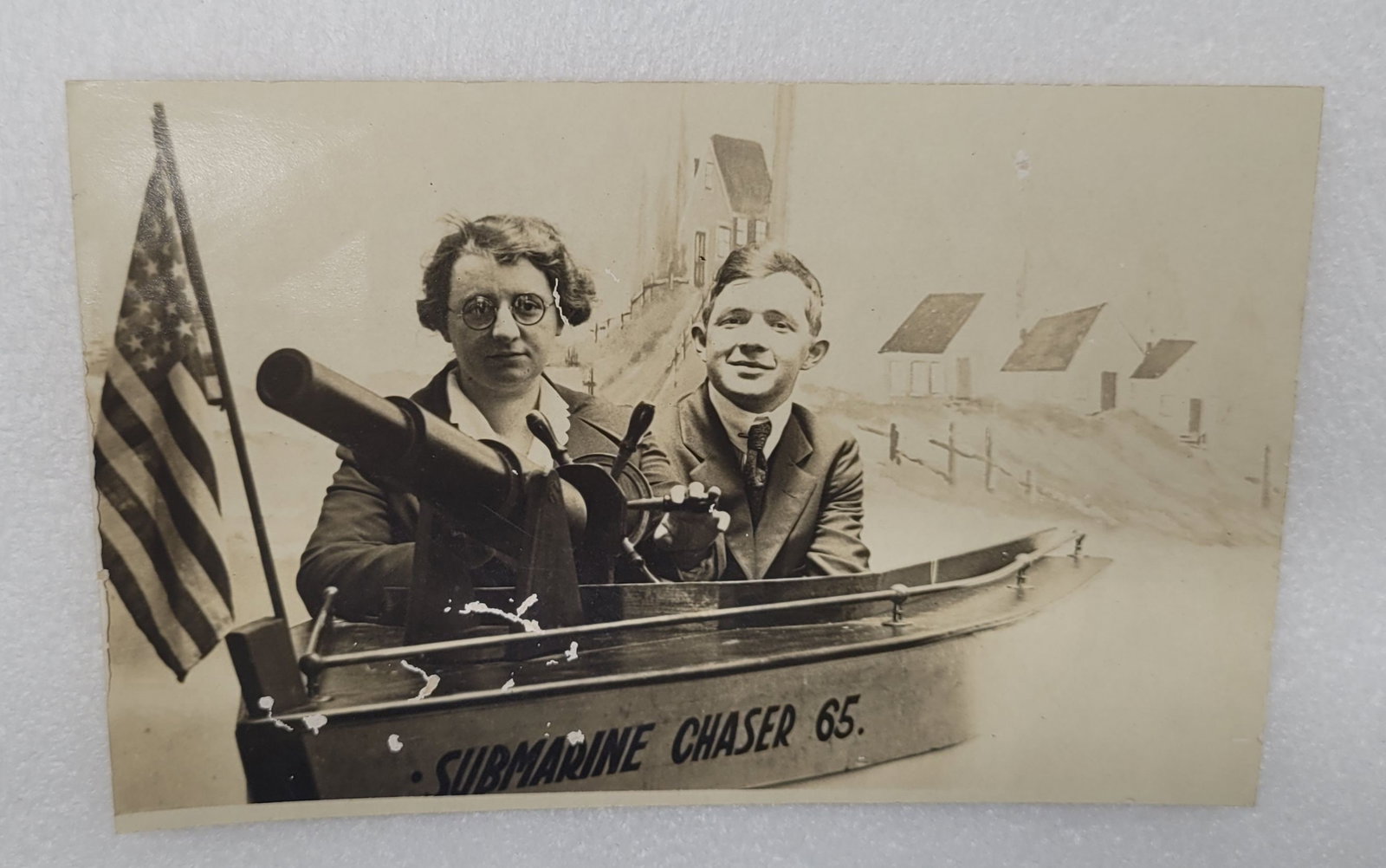 RPPC Studio Photo of Couple In Submarine Chaser 65: RPPC Studio Photo of Couple In Submarine Chaser 65 - 3.5" by 5.25".