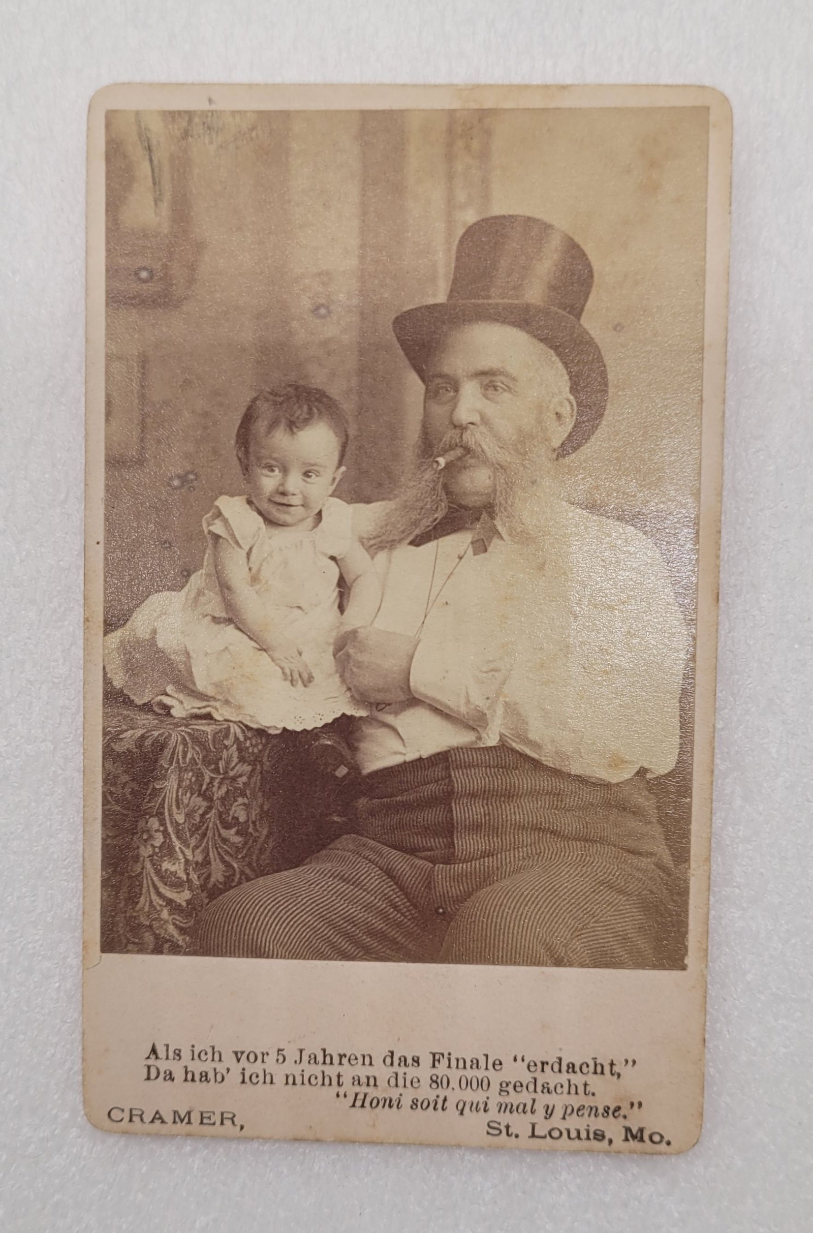 CDV of Bearded Man w Tophat & Child Cramer St. Louis MO: CDV of Bearded Man w Tophat & Child Cramer, St. Louis MO - 4.25" by 2.5".