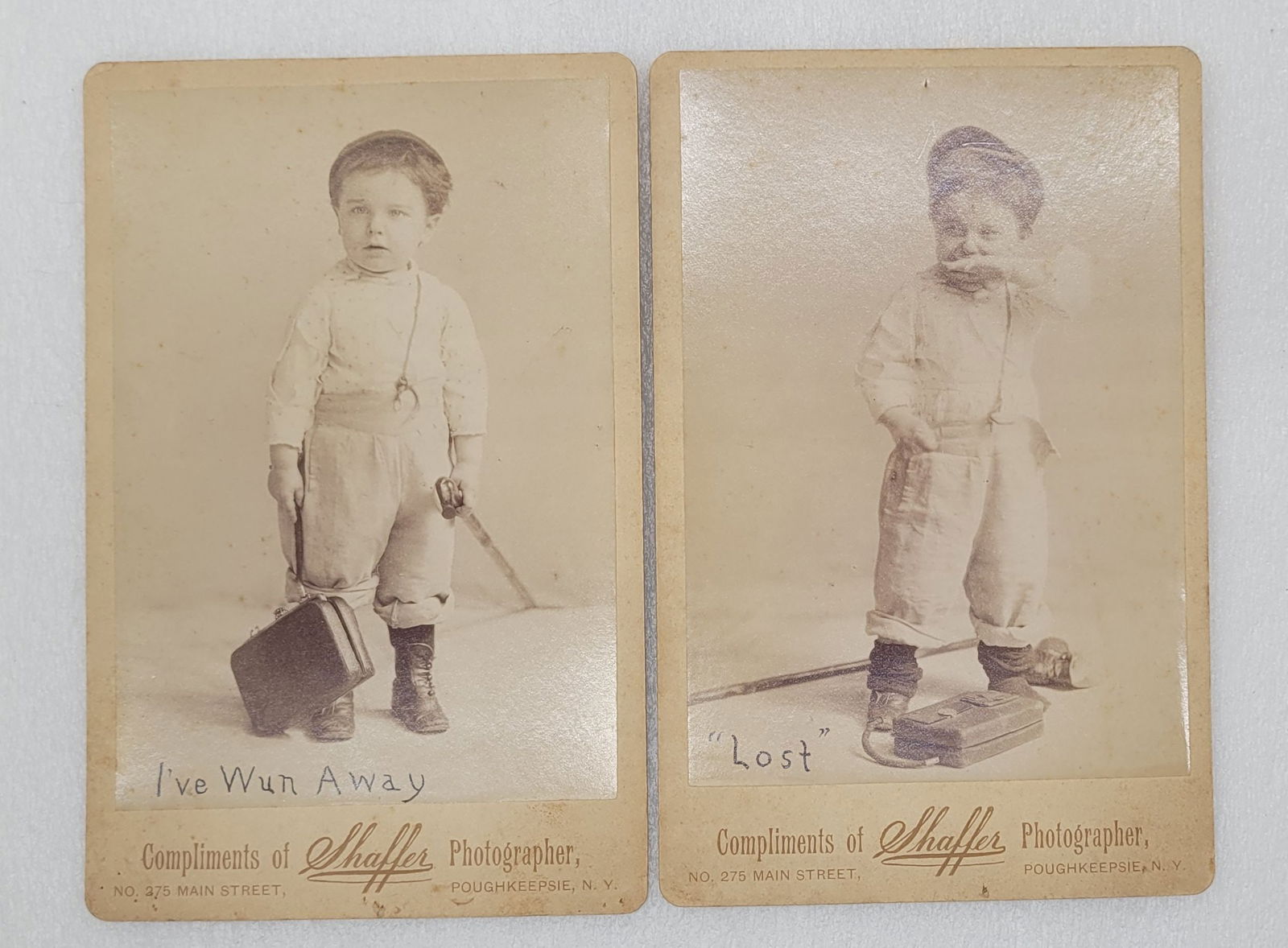 Cabinet Cards of Adorable Little Boy Ive Wun Away & Lost: Cabinet Cards of Adorable Little Boy "I've Wun Away" & "Lost" - 4.25" by 6.5".