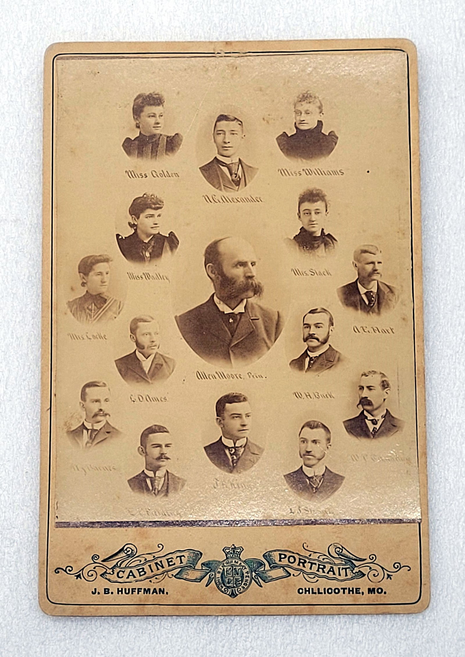 Cabinet Card of Chillicothe Business College Principal Allen Moore & Teachers: Cabinet Card of Chillicothe Business College Principal Allen Moore & Teachers - 4.25" by 6.25".