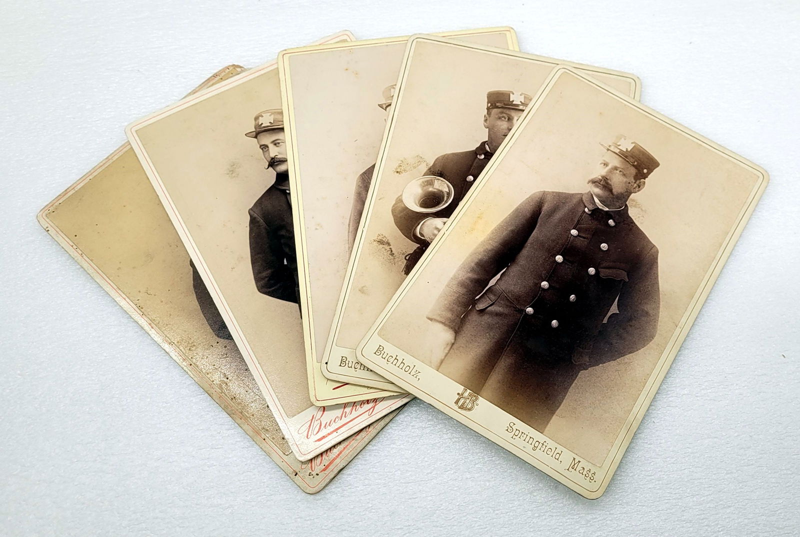 Cabinet Cards of Firemen In Uniform (5) Buckholz Springfield MA (1 of 8)