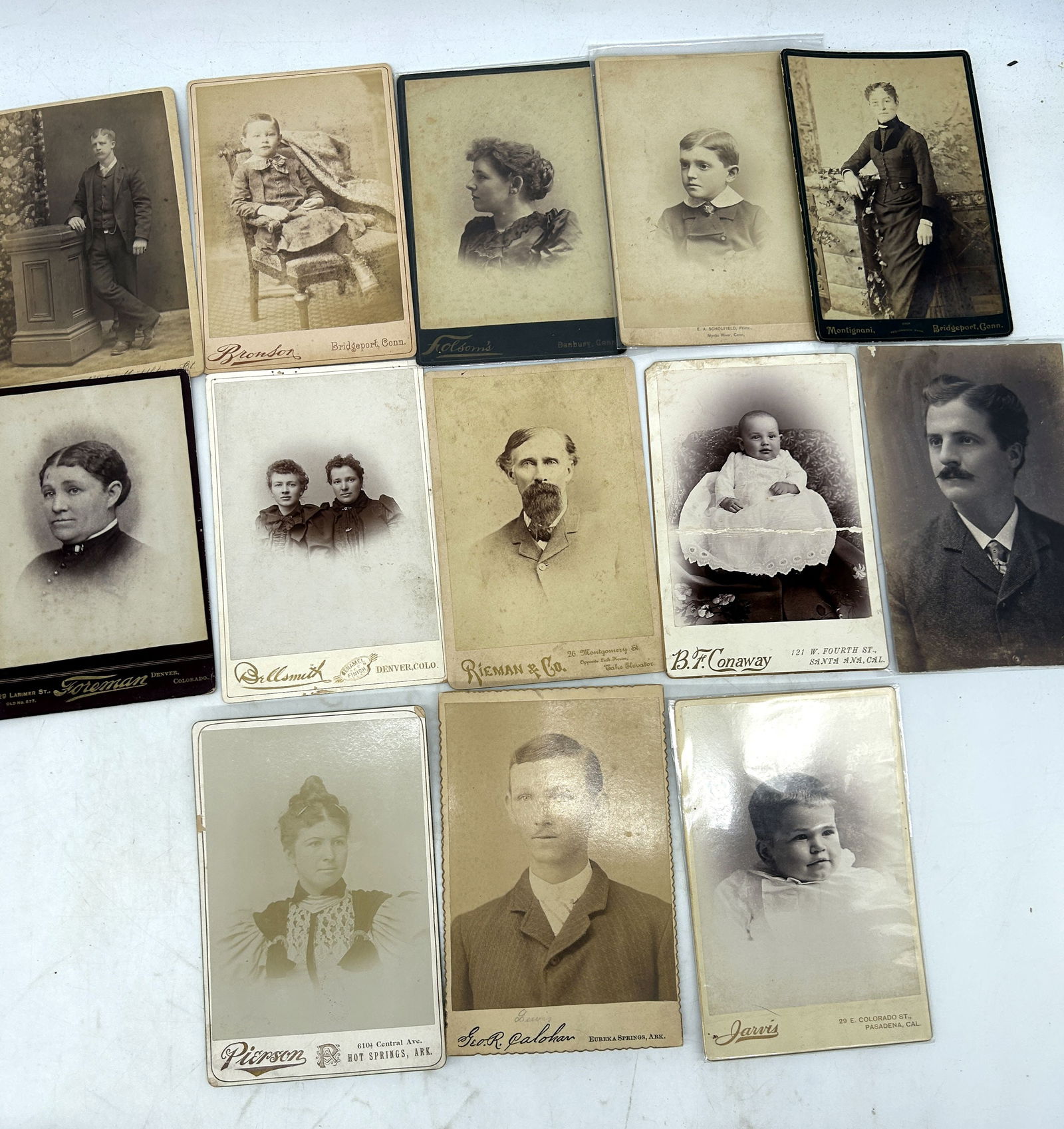 Cabinet Cards (12) Arkansas California Colorado Connecticut Photographers Portrait of Man & Woman: Cabinet Cards (12) Arkansas, California, Colorado, Connecticut Photographers Portrait of Man & Woman - 4.25" by 6.5"