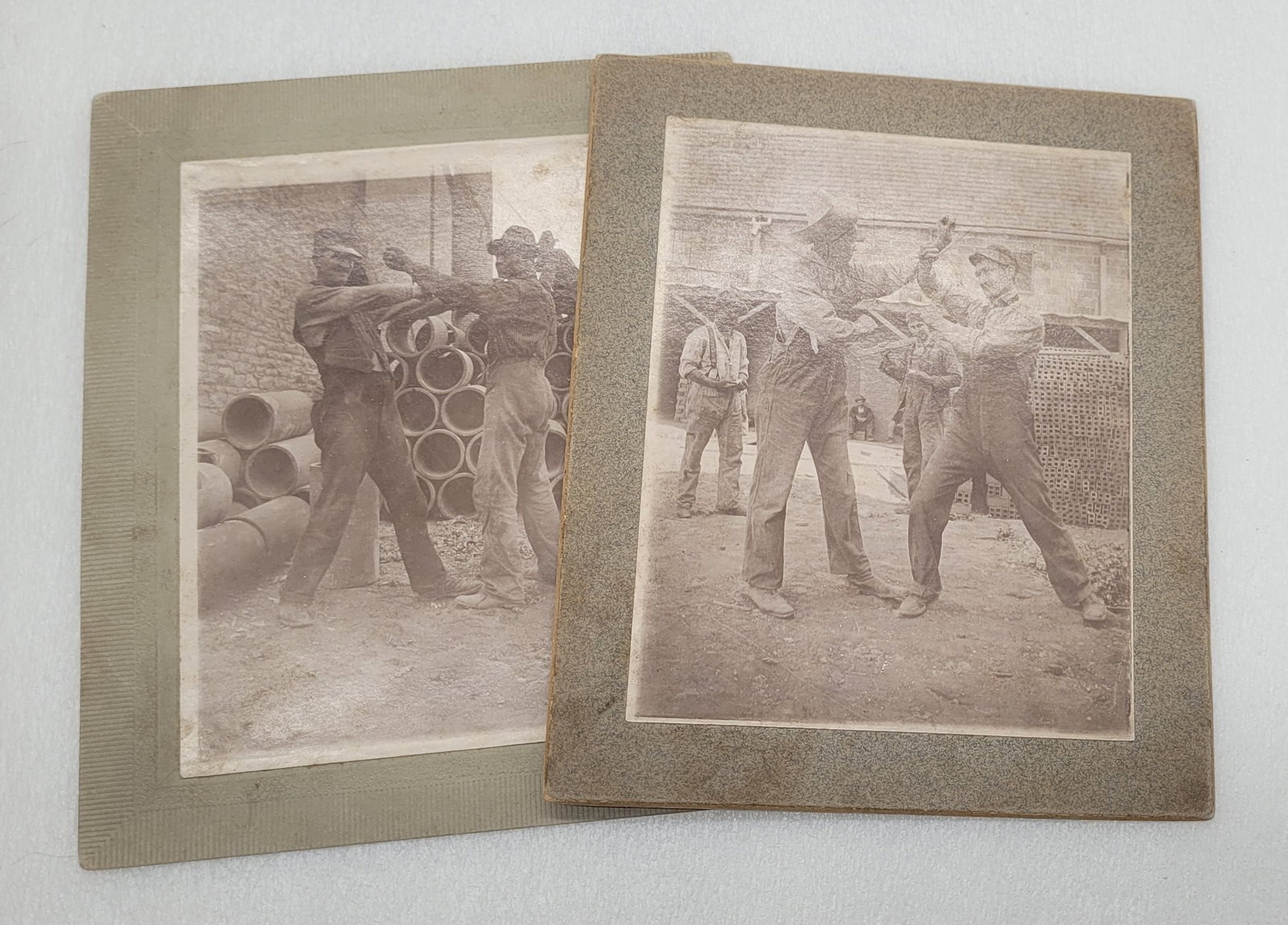 Photo on Boards of Workers Sparring In Clay Brick & Pipe Factory Yard: Photo on Boards of Workers Sparring In Clay Brick & Pipe Factory Yard - 5 3/8" by 6.25".