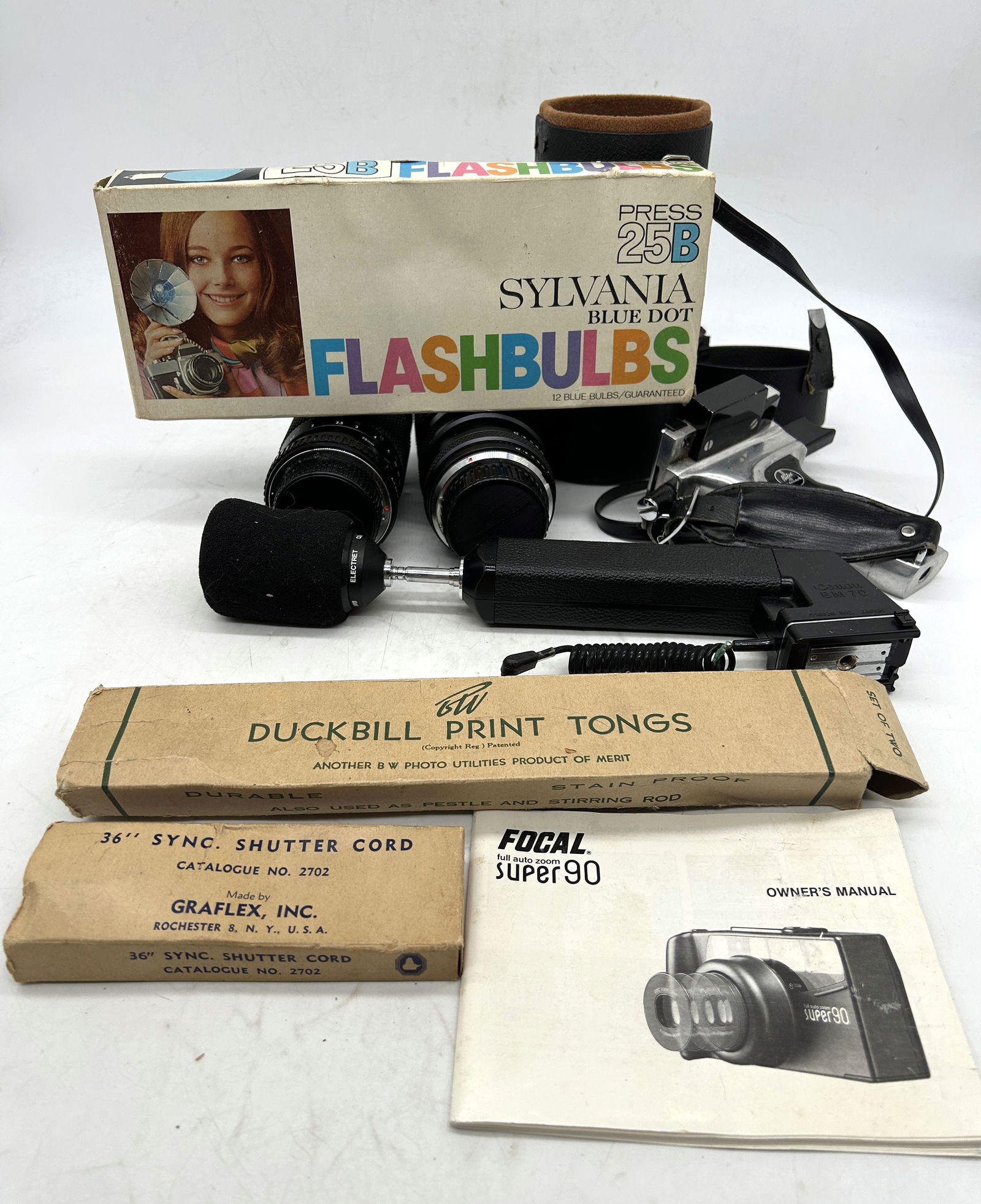 Canon BM70 Mic Promaster Spectrum 7 & Soligor Lenses Bolex Paillard Sylvania Flash Bulbs Duckbill: Canon BM70 Mic, Promaster Spectrum 7 & Soligor Lenses, Bolex Paillard, Sylvania Flash Bulbs, Duckbill Print Tongs, Graflex Sync Shutter Cord - Sizes vary.