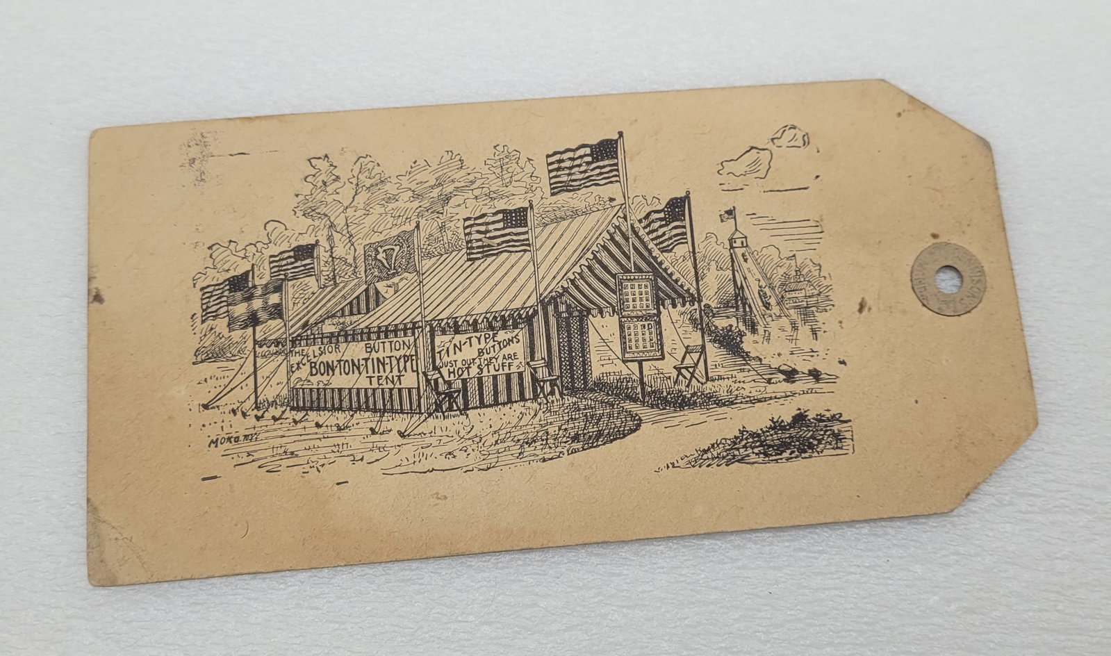 July 4th 1904 Little Falls Tri County Firearms Convention Ship Me Home Tag w Humorous Rebus Puzzle: July 4th 1904 Little Falls Tri County Firearms Convention Ship Me Home Tag w Humorous Rebus Puzzle - 6.25" by 3".