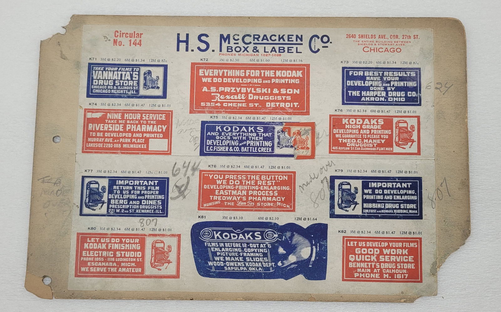 Early Kodak Ad H.S. McCracken Box & Label Co. Advertising Sales Sample Board (1 of 6)