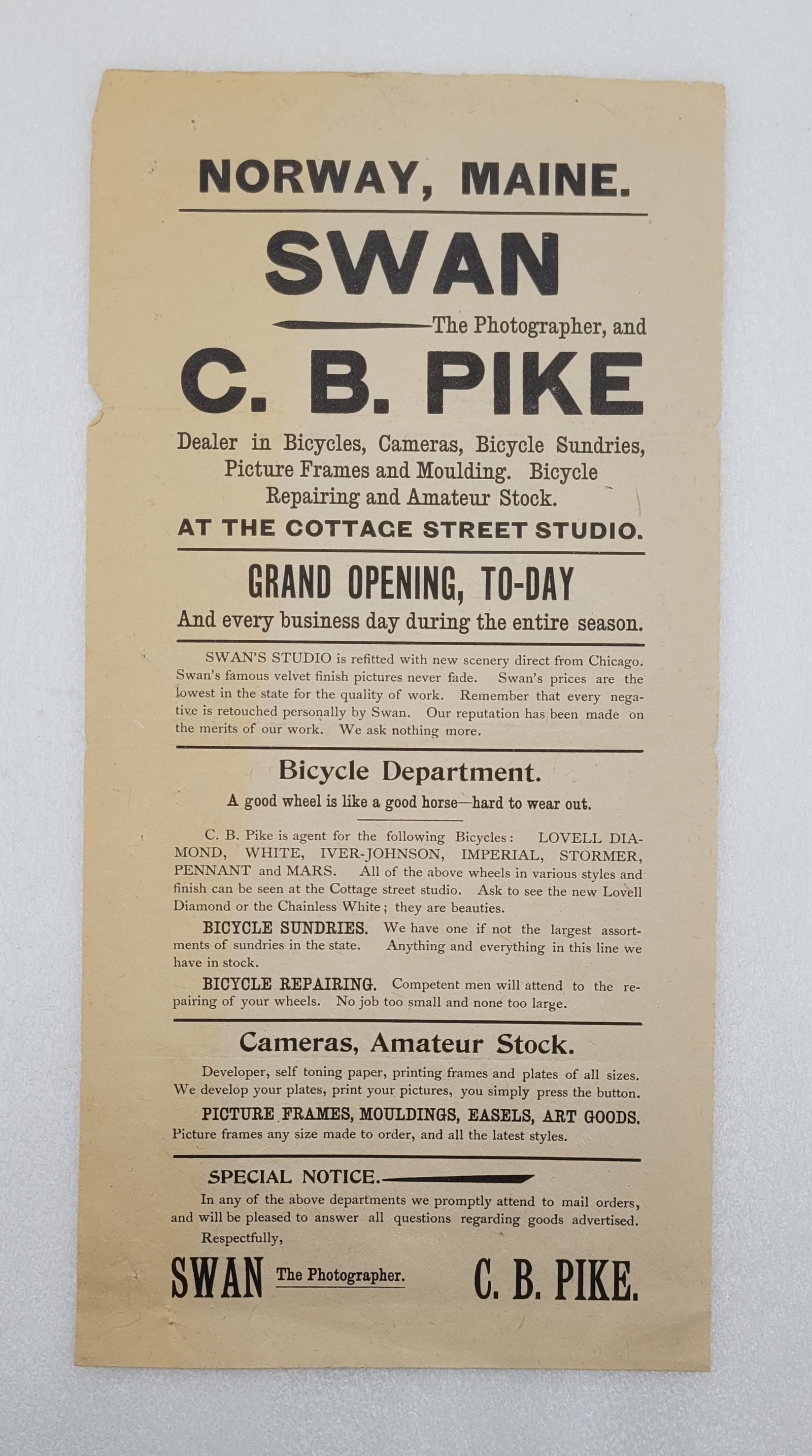 Swan The Photographer & C.B. Pike Advertising Ephemera: Swan The Photographer & C.B. Pike Advertising Ephemera - 12" by 6".
