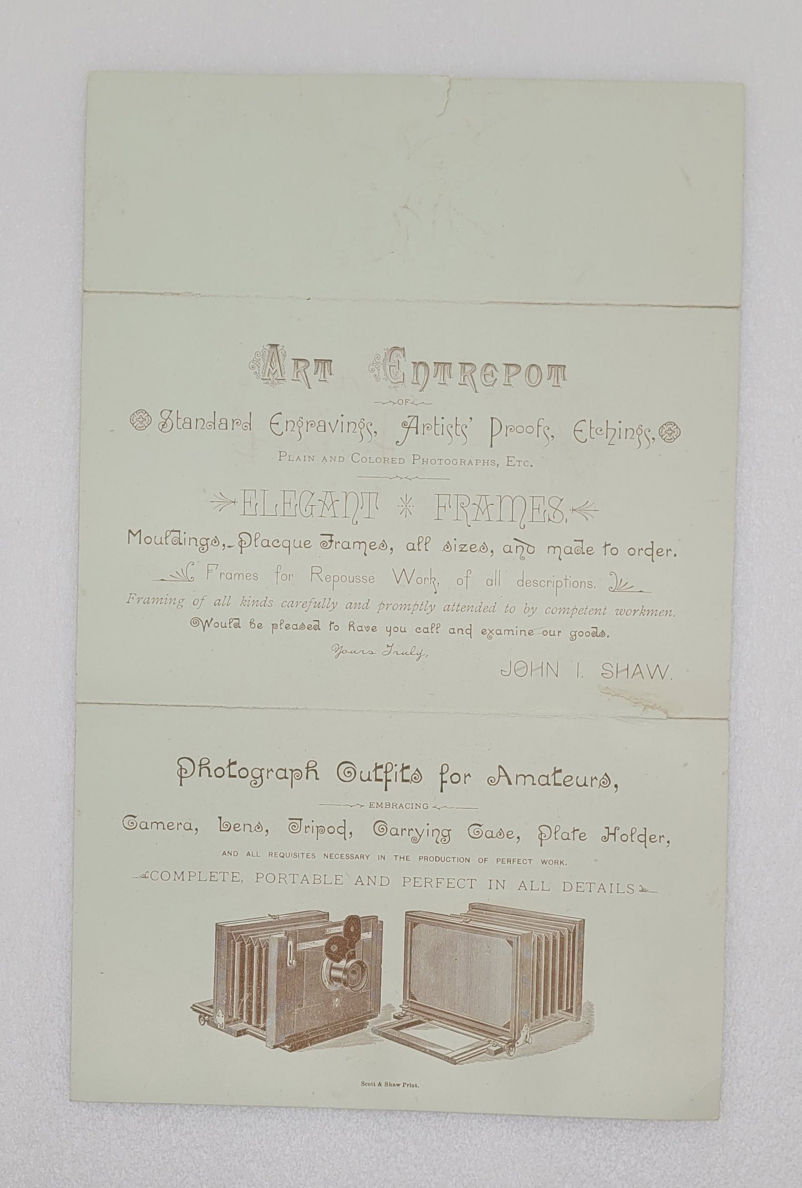 Christmas 1884 John I. Shaw Camera & Elegant Frames Advertising: Christmas 1884 John I. Shaw Camera & Elegant Frames Advertising - 7" by 11.25"
