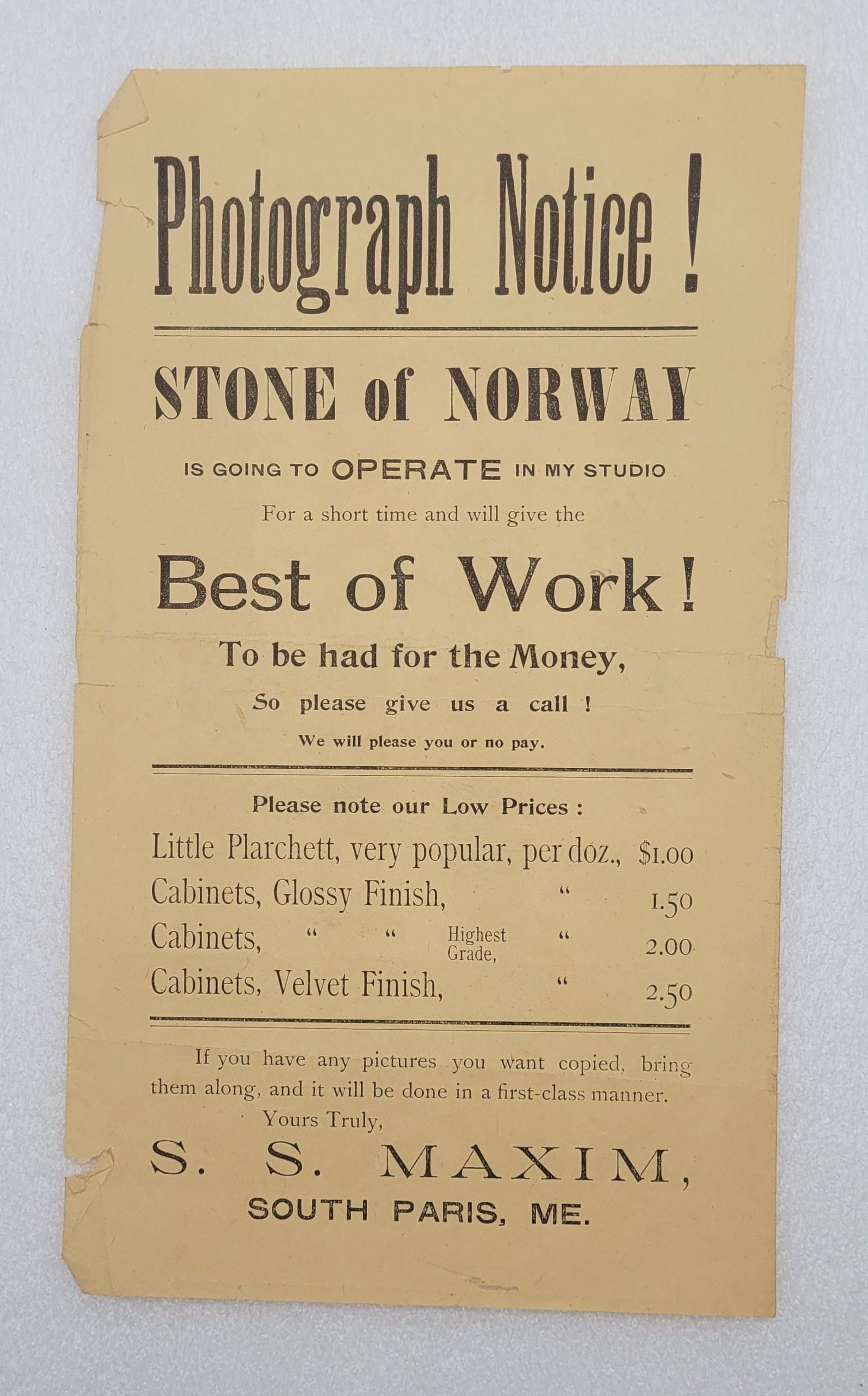 Photograph Notice! S.S. Maxim South Paris ME Advertising Broad Side Flyer: Photograph Notice! S.S. Maxim South Paris, ME Advertising Broad Side Flyer - 5.25" by 9".