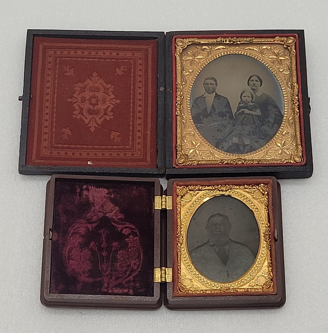 Ambrotypes (2) Cased Family & Cased Bearded Man: Ambrotypes (2) Cased Family & Cased Bearded Man - 3.5" by 3" and 3" by 2.5".