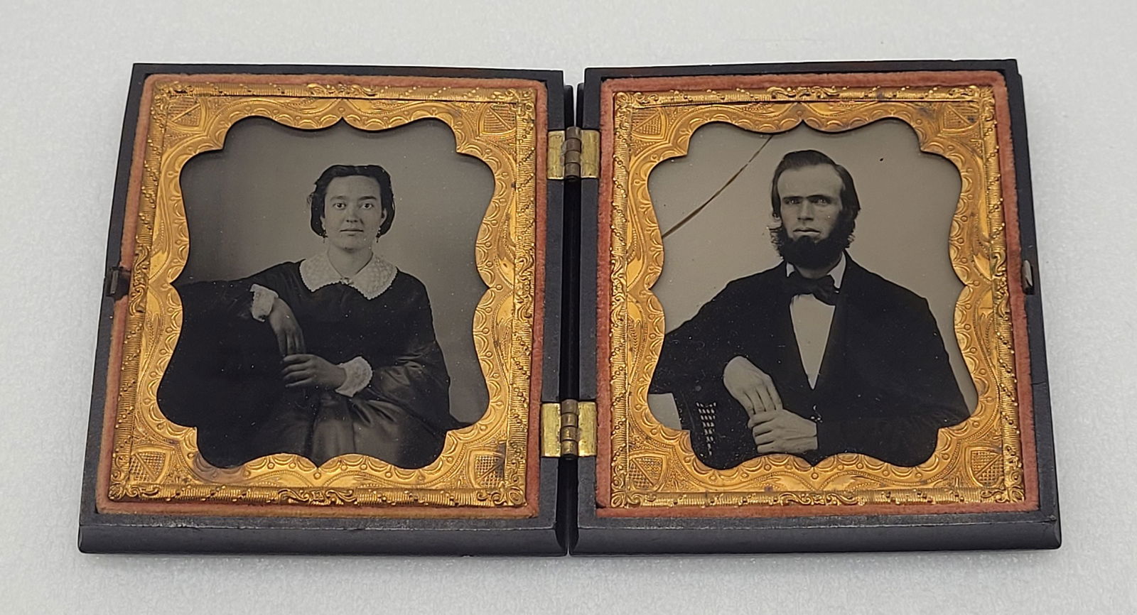 Ambrotype Double Cased Images of Man & Woman Beautiful Thermoplastic Case w Woman on Horse Dog Bird (1 of 7)